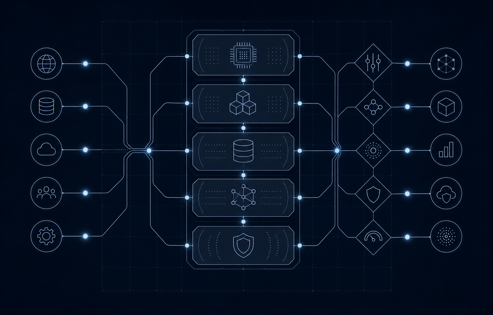 Abstract AI infrastructure decision map with connected systems layers